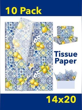 10 Pack 14x20 Tissue Paper Summer Lemons Yellow & Navy Blue